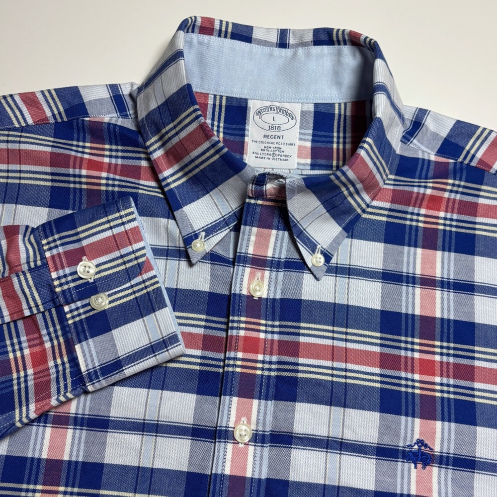 Brooks Brothers Regent Fit Men L Blue Red Plaid Non-Iron Button Down Dress Shirt
